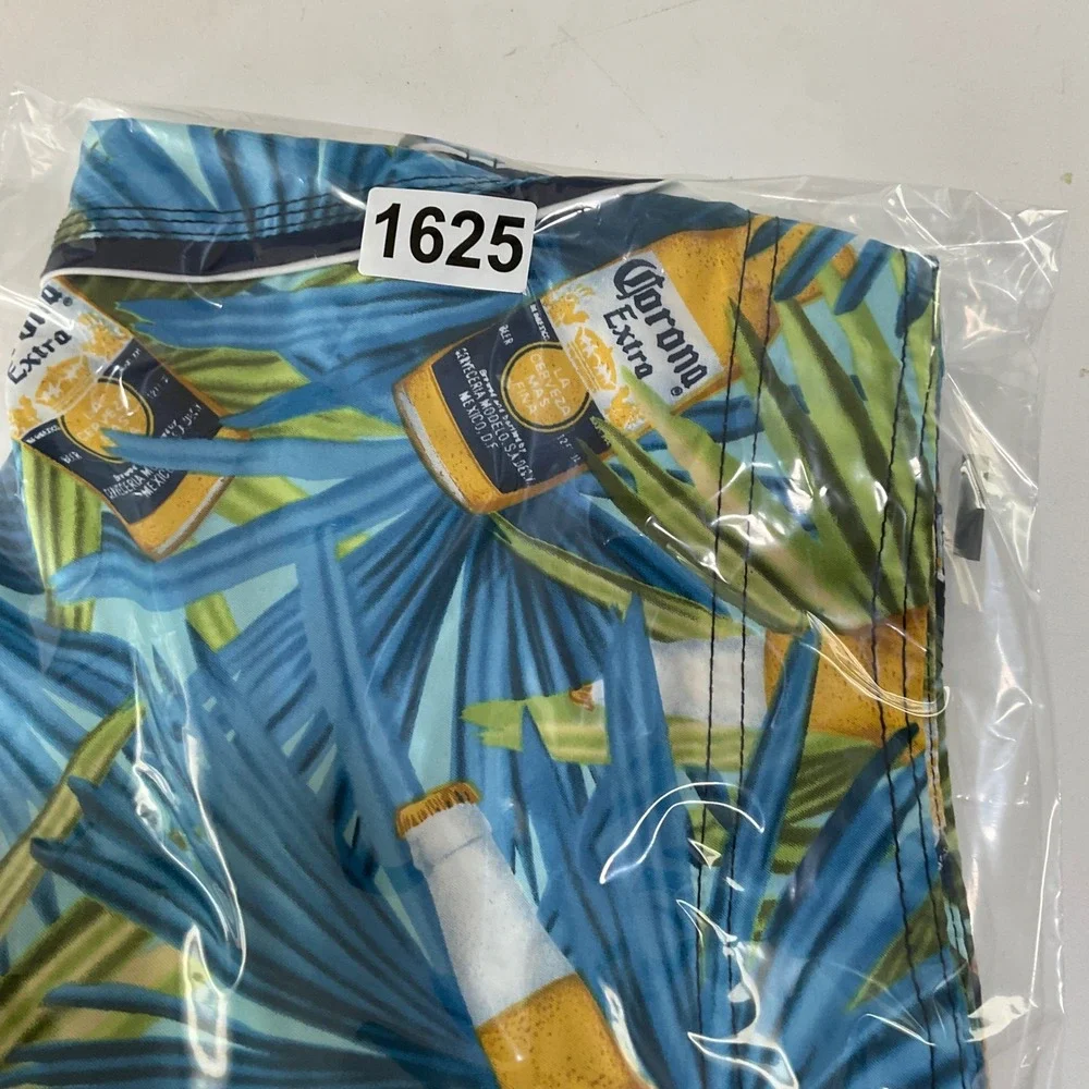 Corona Extra Mens Board Shorts Size 38 Blue Tropical Palm Beer Bottle Swim Trunk